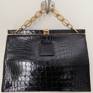 Mark Cross Black Croc Alligator Leather Vintage Clasp Bag Top Handle Crossbody